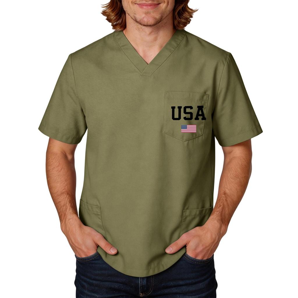Men's Short Sleeve V-Neck Scrub Top with Pocket - Labor Day Fun Print - Uniform Tunic
