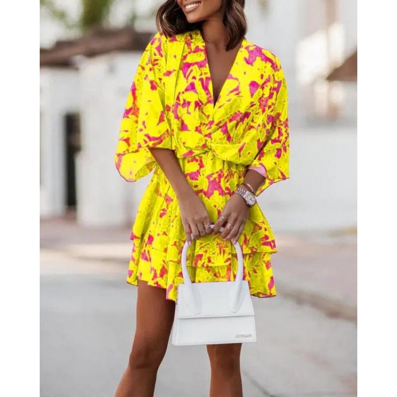 2025 Autumn V-Neck Loose Batwing Sleeve Printed Dress for Women