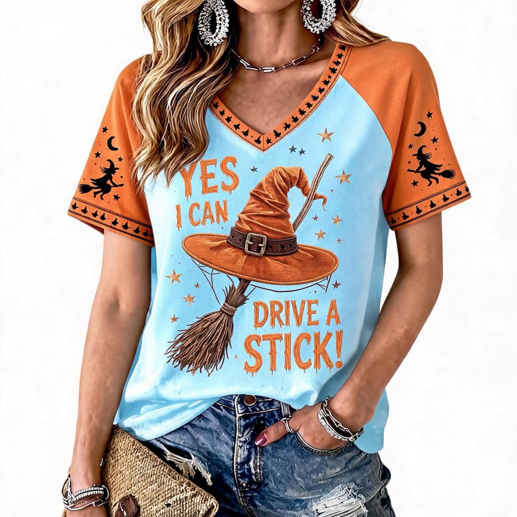 Women's Halloween Printed Raglan Sleeve Tee for Casual Festive Wear