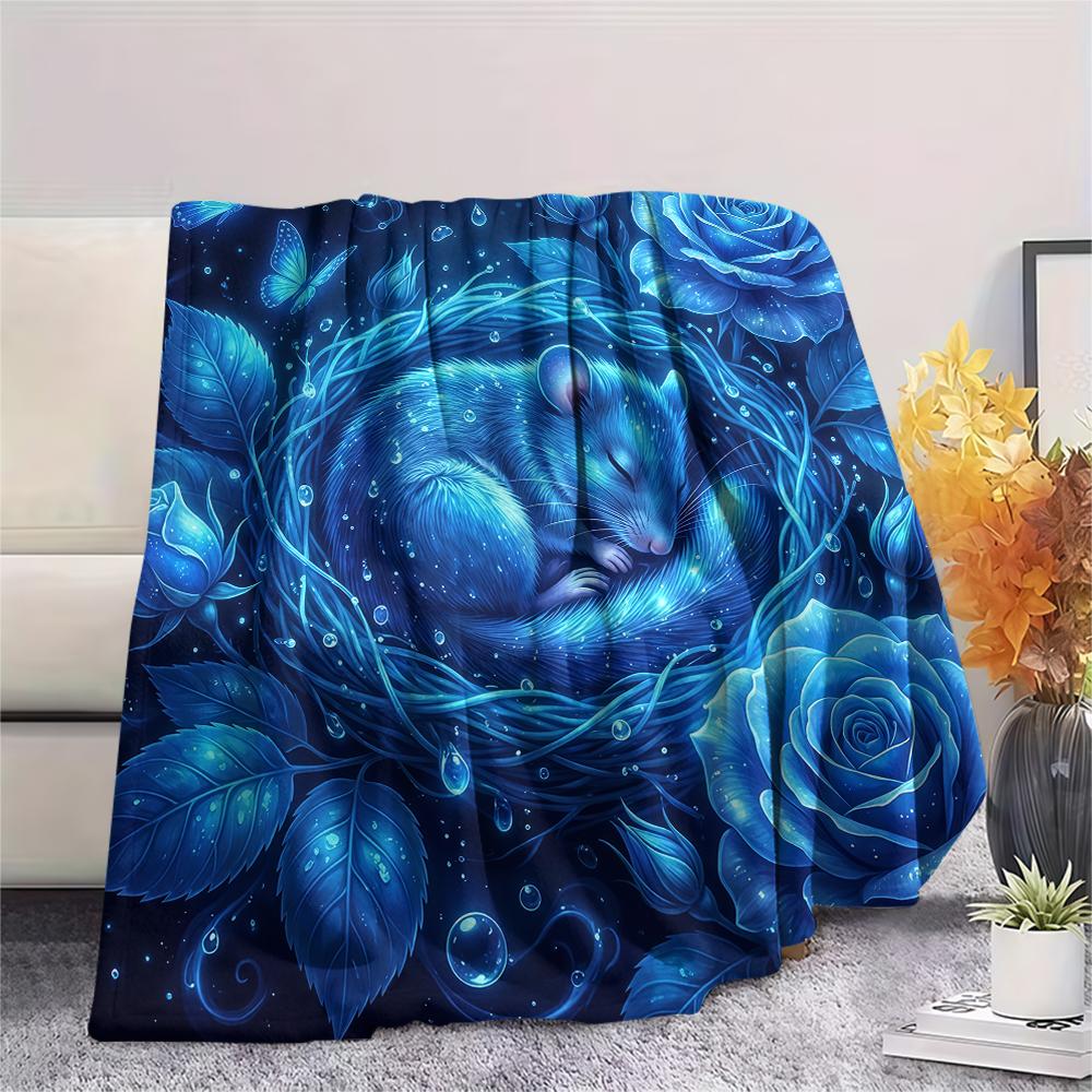 Blue Rose Animal Print Flannel Blanket,High quality Comfortable for All Seasons,Home Decor,Warmth and Comfort,Perfect for Christmas Gifts