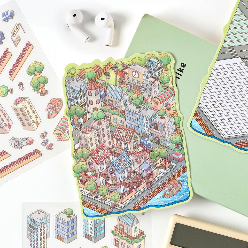 12 Sheets/4 Bags City Theme 3D Scenery Stickers Stress Relief Game For Scrapbooking DIY Collage Phone Case Frame Decoration