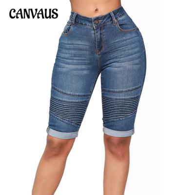 Calças de verão femininas plus size biker stretch mid jeans azul