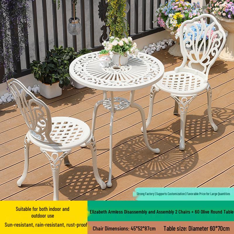 White Wrought Iron Cast Aluminum Outdoor Patio Table and Chairs Set - Waterproof Villa Courtyard Garden Balcony Furniture