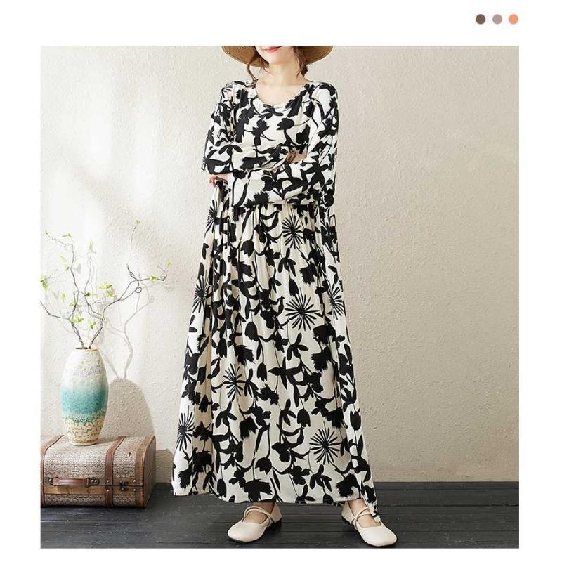 Round Neck Long Sleeve Loose Literary Vacation Style Dress