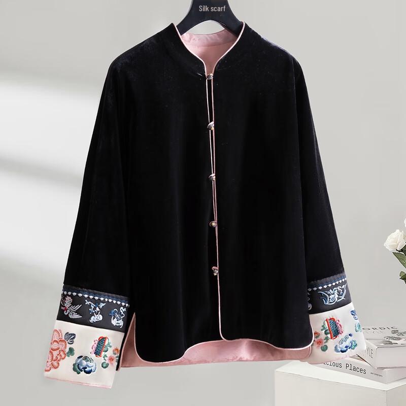 Women's New Chinese Style Embroidered Color Block Loose Fit Jacket
