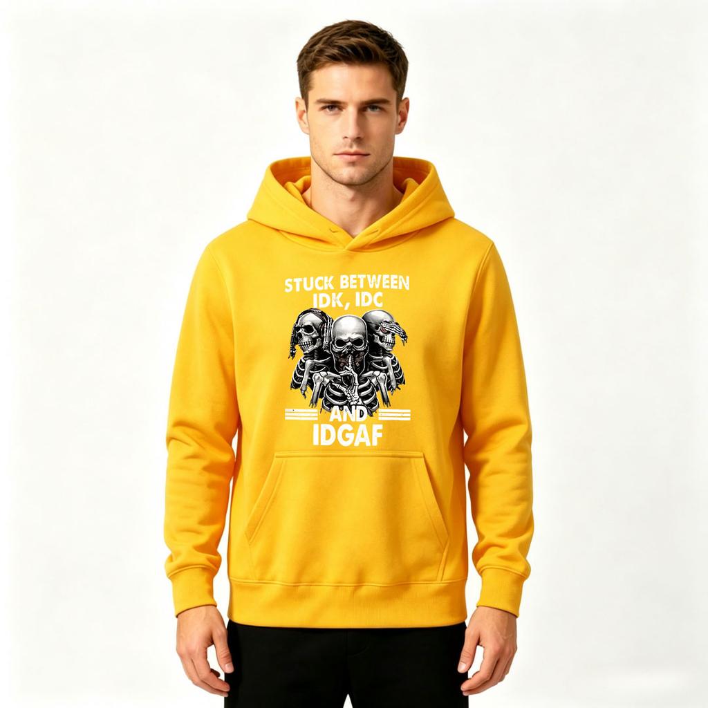Men's Stuck Between IDK IDC And IDGAF Three Skeletons Print Casual Pullover Hoodie Sweatshirt