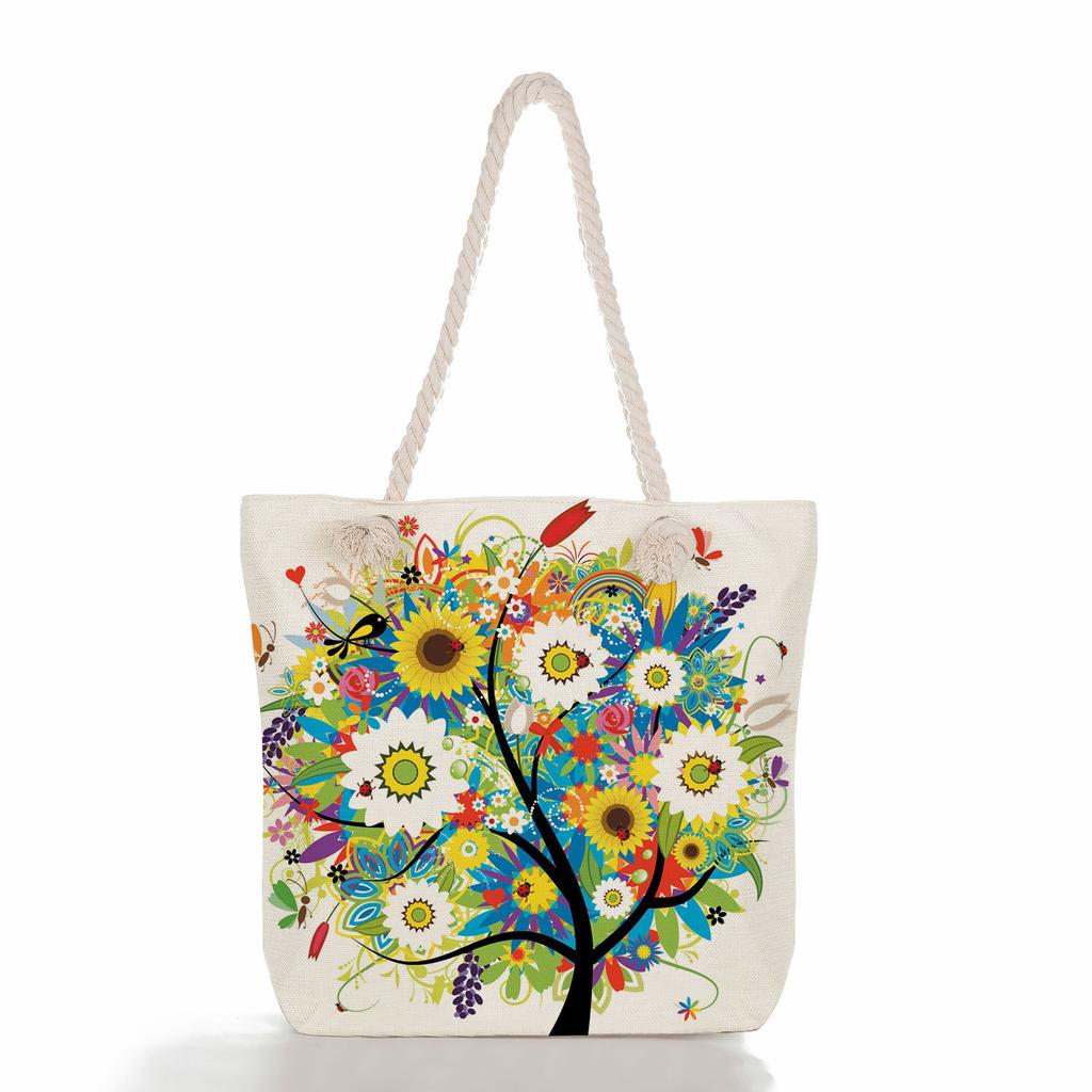 Flower tree print thick rope single-shoulder beach bag 7281 CLE