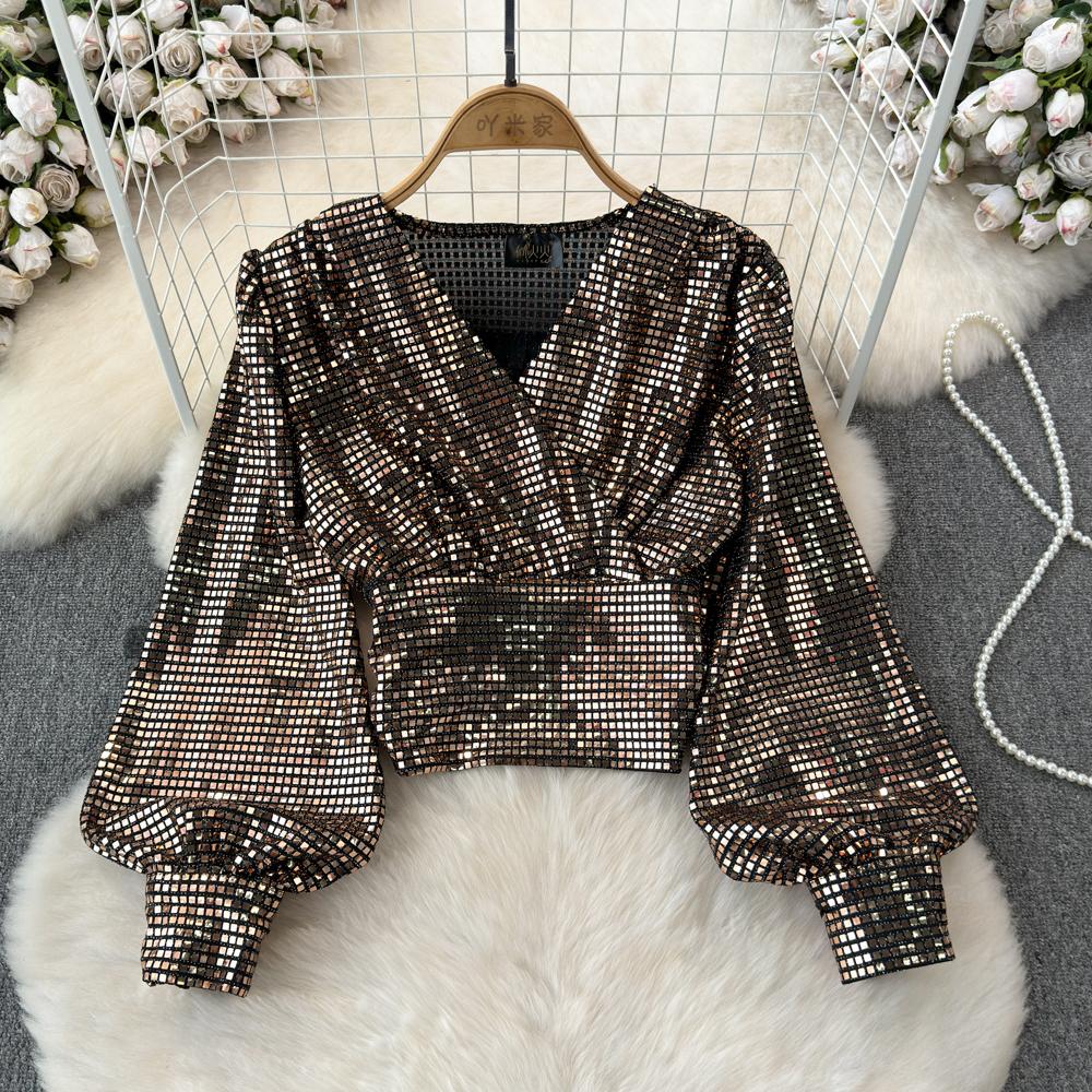 

Весна Осень Модный Элегантный Фонарь Длинные Рукава V-образный вырез Сверкающие Пайетки Футболка Женская Повседневная Корейский Y2k Топ One Size коричневый