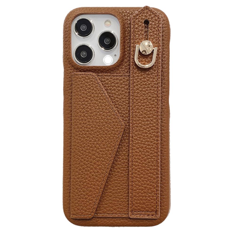 

For iPhone 15 Pro Max Case with Card Slot Wristband Kickstand PU Leather+PET Phone Cover Dark Brown