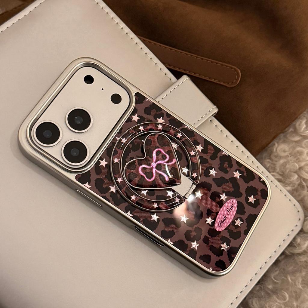 Leopard Print Bow Case Suitable for Apple 17 Pro Max, 13 Gold-plated Magnetic Stand, iPhone 16 Sweet and Cool 15