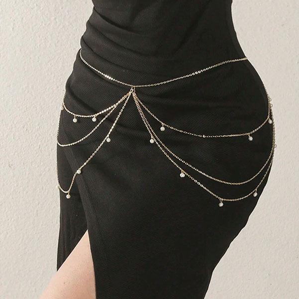 Boho Multi Layered Faux Pearl Drop Belly Chain for Women Dainty Tassel Waist Belt Body Jewelry for Beach Festival
