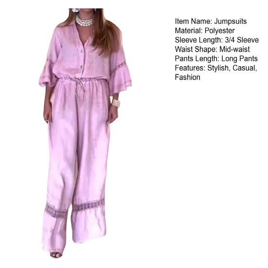 Damedresser med vide ben, knepping foran, V-hals, 3/4 volangermer, sommerlig og avslappet, snøring i midjen, heldekkende kjeledress, ettplagg