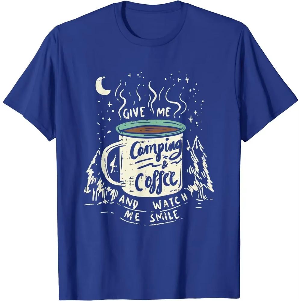 Give Me Coffee and Watch Me Smile Coffee and Camping T-Shirt for Men Women Camp Clothing Four Seasons Tees Cotton Casual