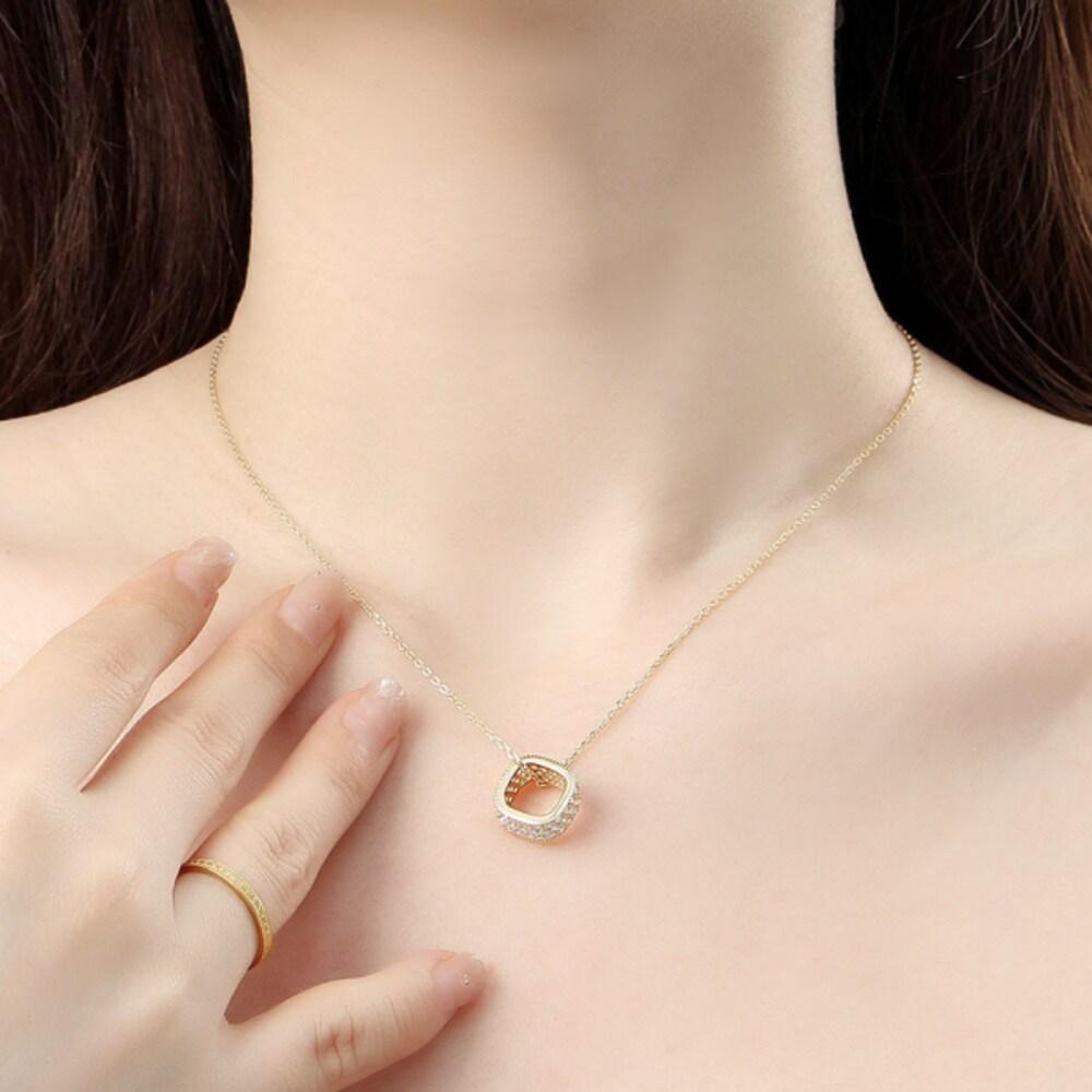 [Bijou Holic] 92.5 Silver Gold-Plated Square Cubic Ring Necklace