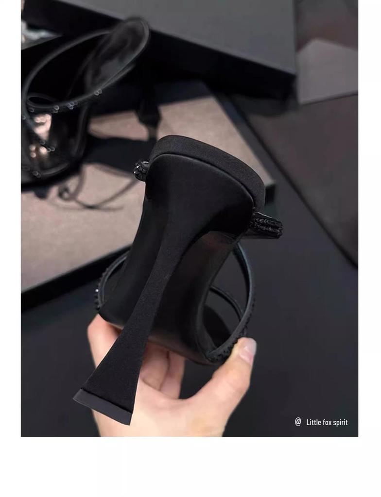 Brown Satin Rhinestone Pointed-Toe High Heel Sandals - Women's Mature Summer Style