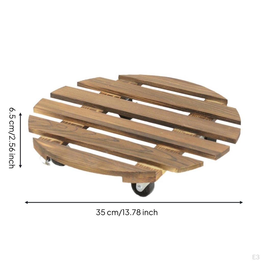 Round Planter Stand with Wheels Carbonized Wooden Floral Pot Indoor Outdoor Use