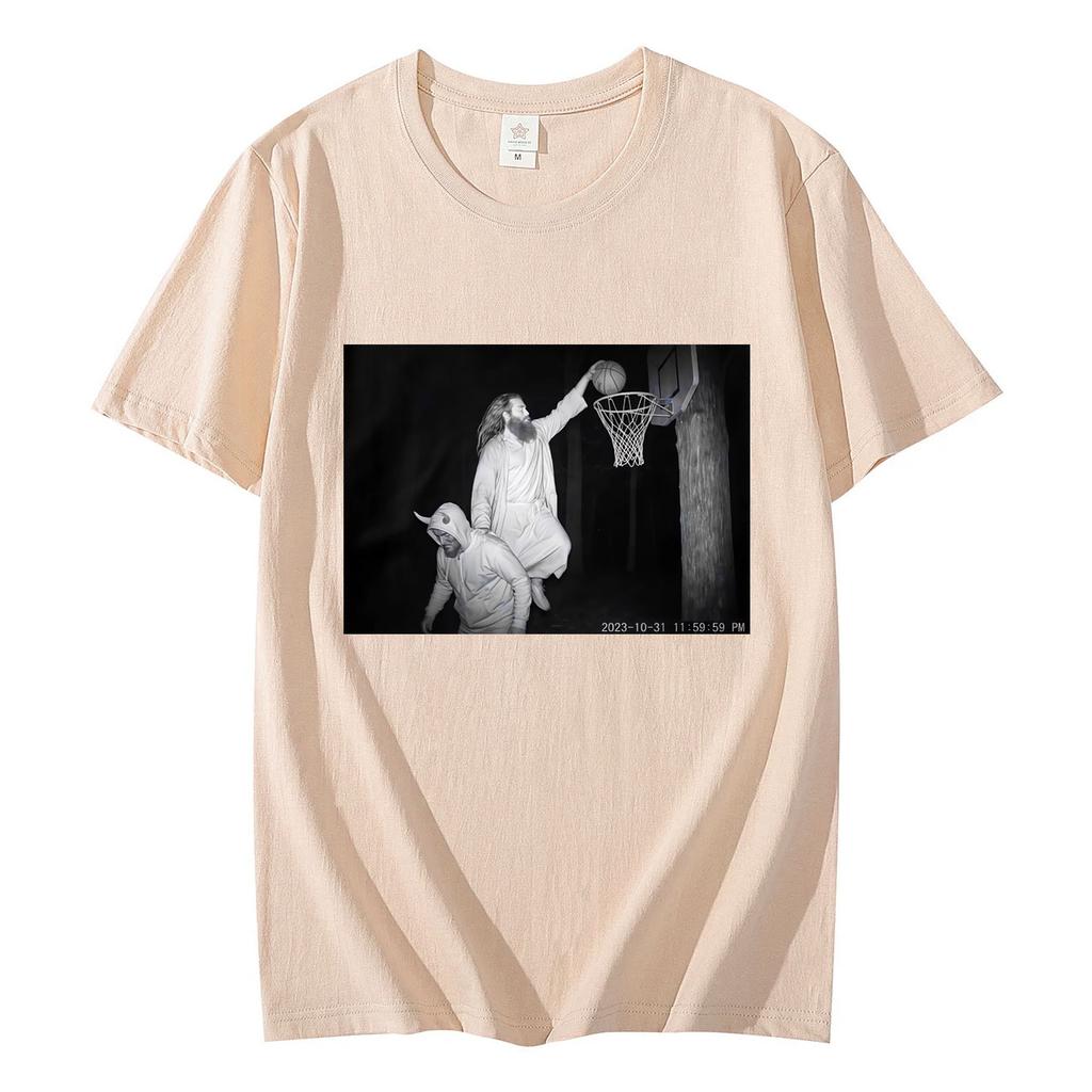 Jesus Dunking Trail Cam Funny Religious Meme Tshirt Fashion Vintage Short Sleeve T Shirts Unisex Casual Loose Cotton Tshirts
