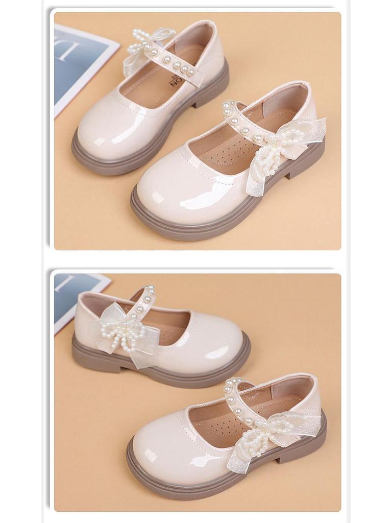 Girls' Pearl Bow Princess Shoes - Spring/Autumn Fashionable Leather, Korean & British Style, Casual & Performance Wear