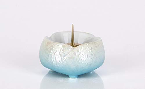 Buddhist Altar Set, Yawaragi Lustre Blue, 5-piece set, 3.0 inch: Tea cup, rice bowl, flower vase, incense burner, candle holder. Stylish, mini, modern