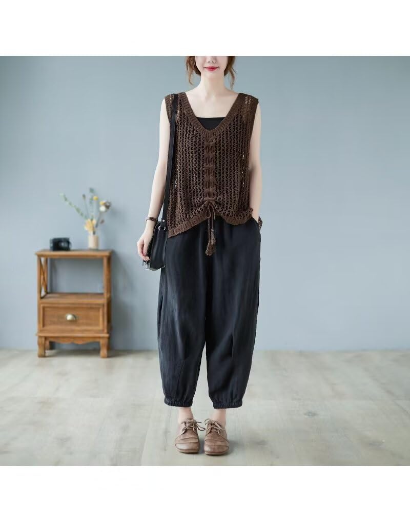 Uroi Mesh Knit Summer Tank Loose Free Size Women's Vest, V-Neck, Drawstring, Fringe, See-Through Top, Fit, Oversized, Coffee,