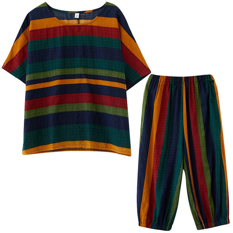 Completi Casual Donna Moda Set T-shirt Estivi Larghi Letterari Retro Strisciato Manica Corta Pantaloni Harem Set 2 Pezzi