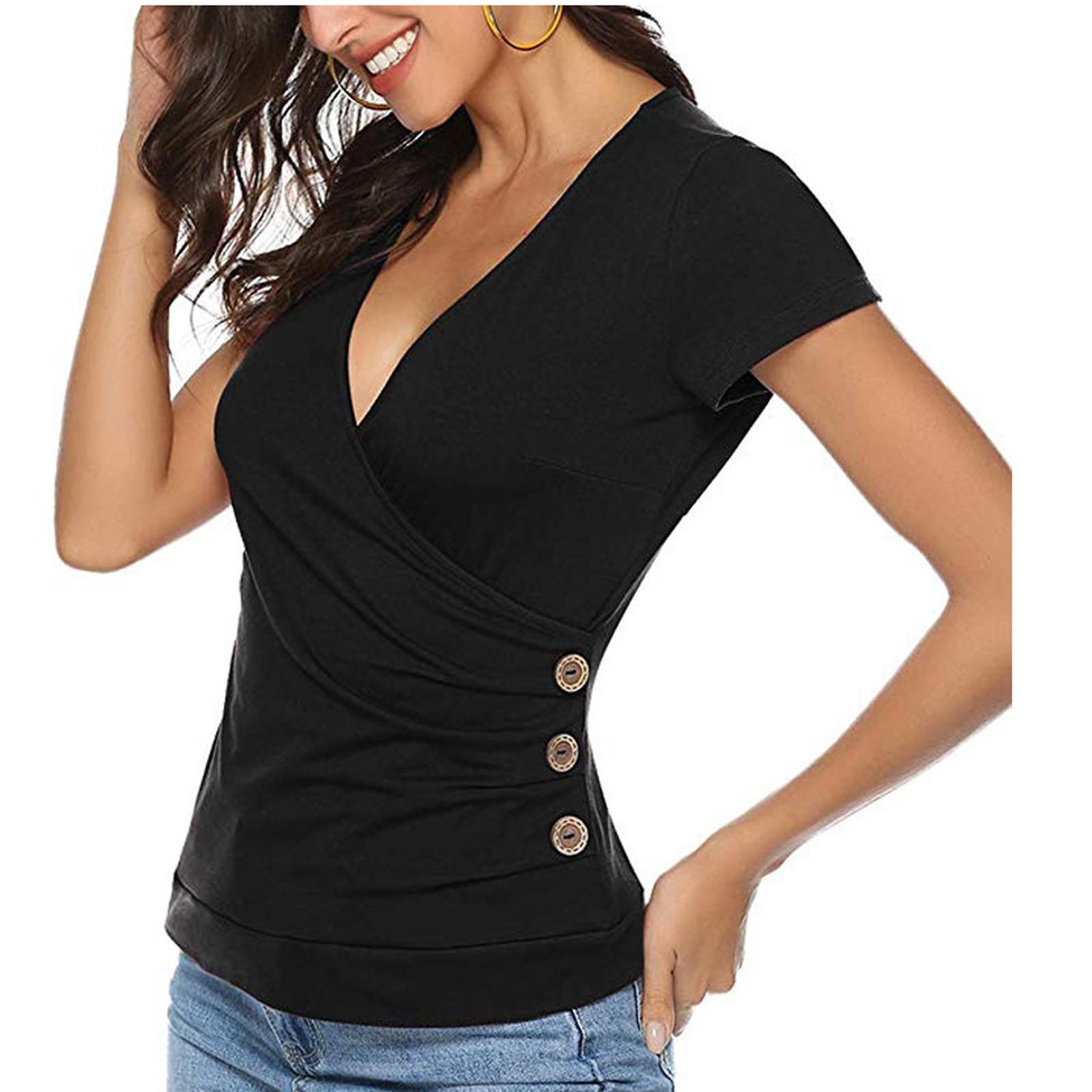 

Fashion Women s Summer Short Sleeve V-Neck Slim T-Shirt Casual Tee Tops M чорний