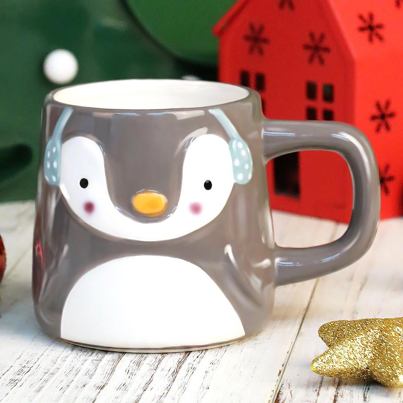 Creative Novelty Ceramic Mug Christmas Gift With Cute Cartoon Animal Embossment Handle Water Cup for Tea Coffee Festive Gift