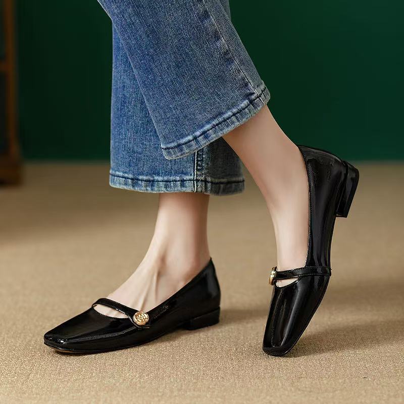 High Heels French Dress Party Shoes for Woman Platform Patent Leather Mary Jane  Black Square Toe Mid-heel Pumps 2025