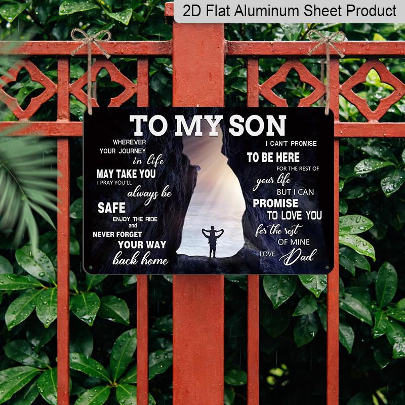 2D Flat, 1pc "To My Son" Aluminium Sign 8x12 Inch - Mountain Cave & Hiker Silhouette Design, Father To Son Love Quote, Gift for Son From Dad