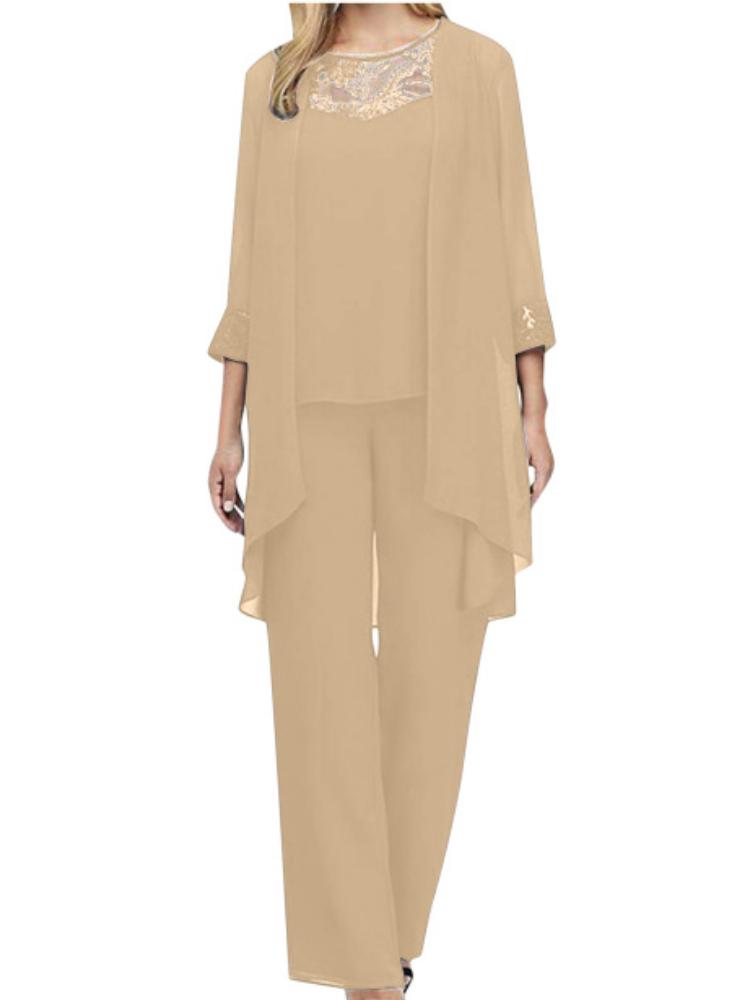 Blå chiffonbluse med blondekant, matchende cardigan og vide benbukser - sett