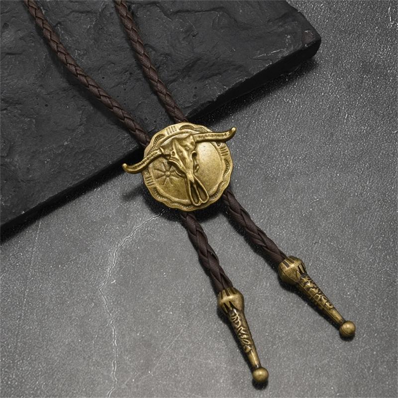 Vintage Western Cowboy Alloy Bullhead Bolo Tie Necklace Adjustable PU Cord Necklace For Men And Women