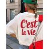 Womens Casual ShortSleeve TShirt with Red Cursive Cest La Vie Print on Black Round Neck Top Comfortable All Season Y2K Shirt