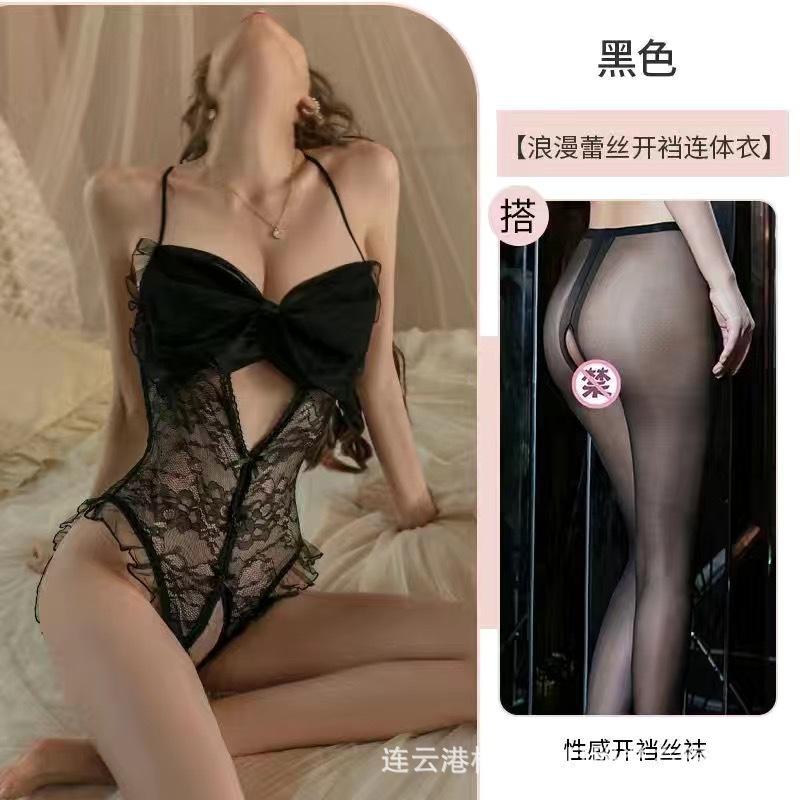 Sexy Perspective Sex Underwear Women's Mesh Big Bow Lace Seduction Onesie French Lace Open File