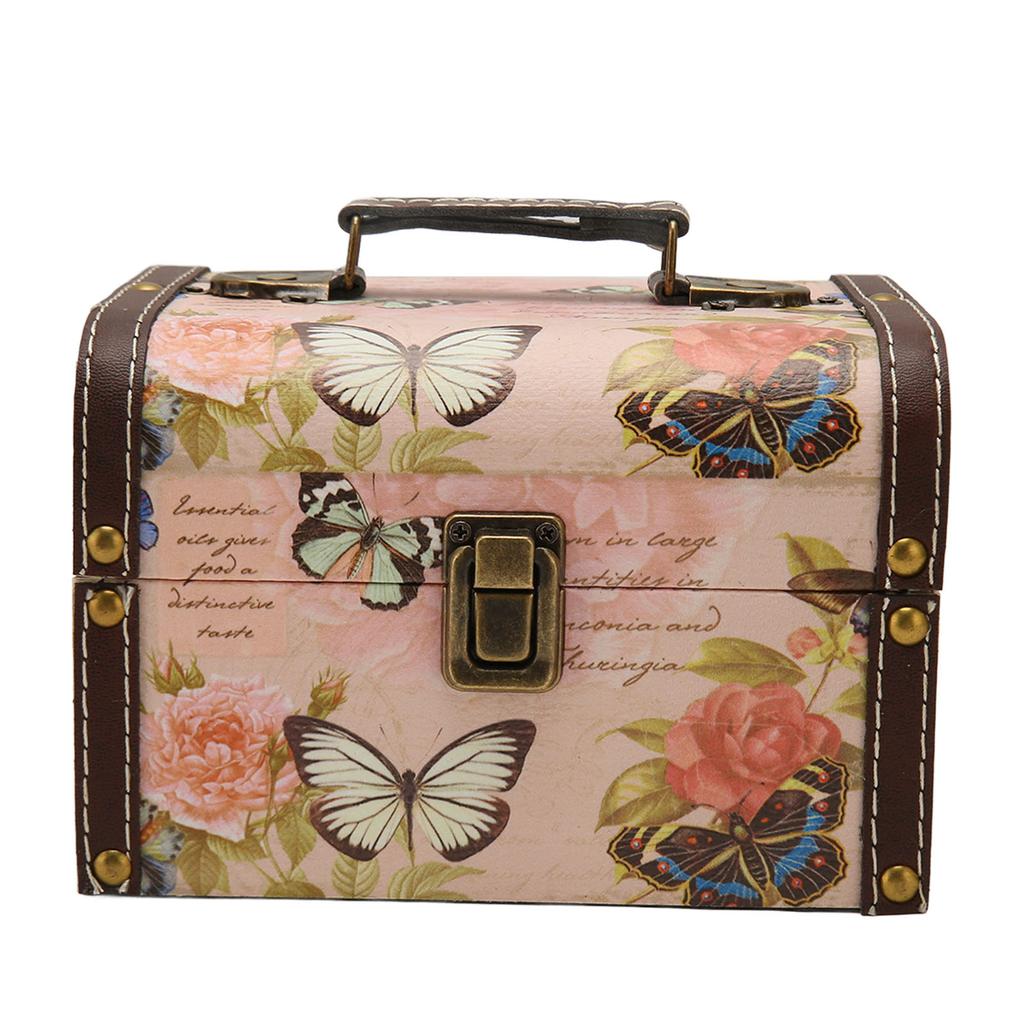 Truhla na poklady Růžový motýlí vzor Vynikající retro dřevěná úložná krabice z PU kůže pro dívku ženu