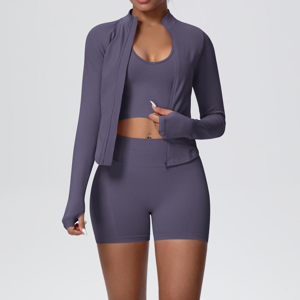Women's European & American Sports Casual Three-Piece Set: Knitted Long Sleeve Zipper Jacket, Sports Vest, & Shorts Fitness Wear.