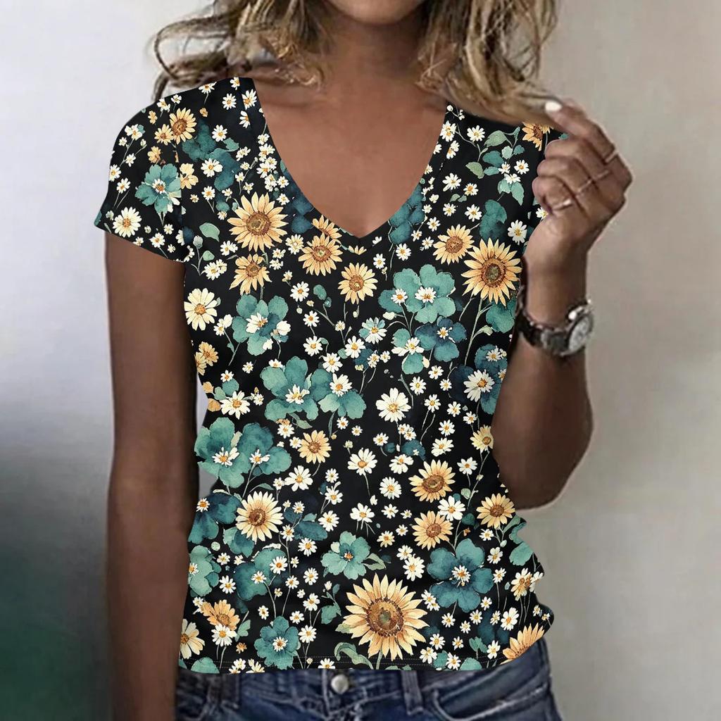 Women V Neck Short Sleeve Floral Print Casual Loose Fit T Shirt Lightweight Soft Fabric Comfortable Top for Daily Wear