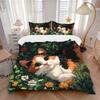 3pcs Orange Cat & Flower Theme Printed Quilt Set - Includes 1 Quilt Cover and 2 Pillowcases, Machine Washable - Suitable for All Seasons.N071