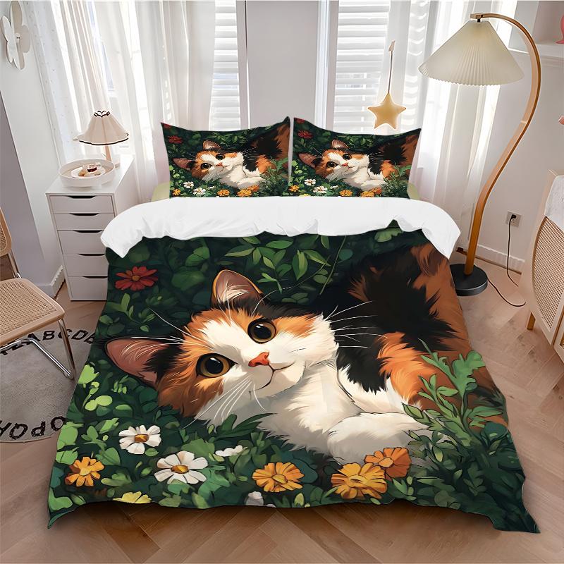 3pcs Orange Cat & Flower Theme Printed Quilt Set - Includes 1 Quilt Cover and 2 Pillowcases, Machine Washable - Suitable for All Seasons.N071