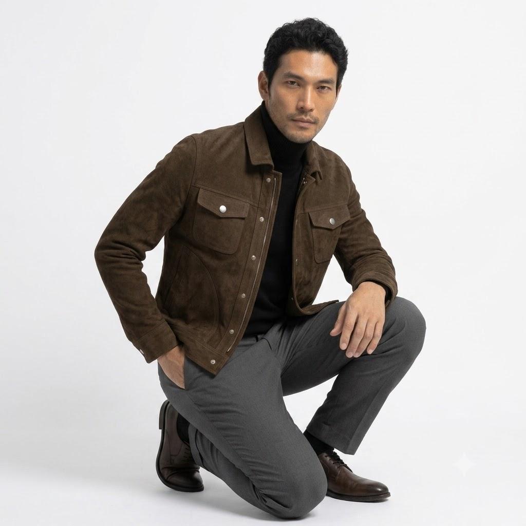 Giacca da uomo di design alla moda fatta a mano in camoscio e vera pelle di agnello