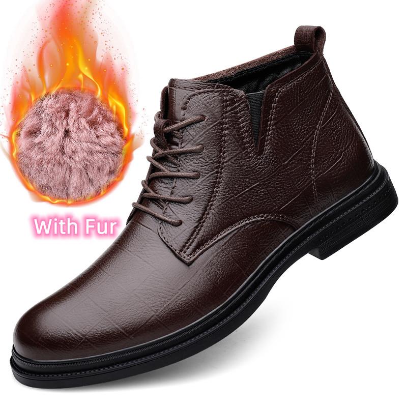 High Quality Lace-Up Male Ankle Boots Fashion Warm Plush Fur Winter Footwear Comfy Snow Shoes Genuine Leather Mens Chelsea Boots