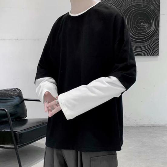 Men T-shirt Fake Two Pieces Long Sleeves O Neck Contrast Color Sweatshirt Warm Casual Plus Size Soft Hip Hop Men Top for School