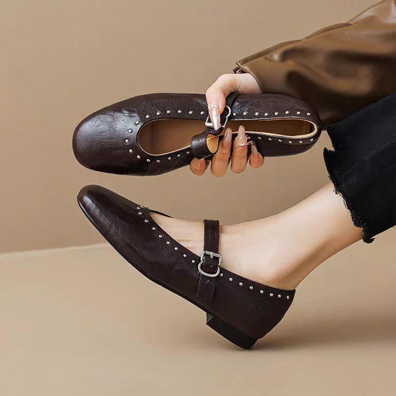 Fashion Retro Rivet Buckle Strap Flats Mary Janes Woman Solid Leather Ballets Shoes Ladies Spring Slip On Loafers Femme Studs Mocasines