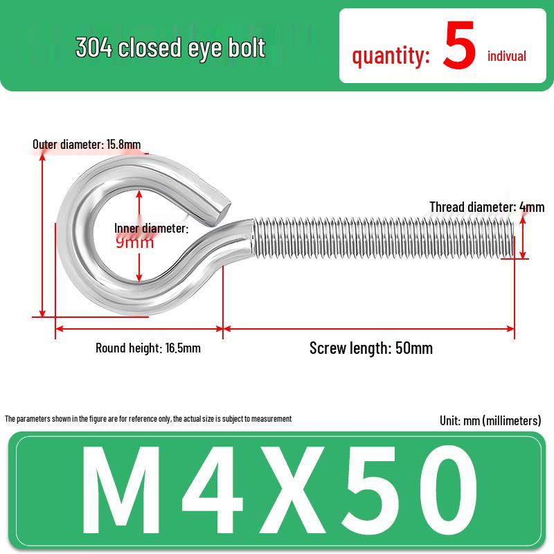 304 Stainless Steel Eyebolt with Ring Hook – Machine Thread Closed Eye Bolt (M4 M5 M6 M8)