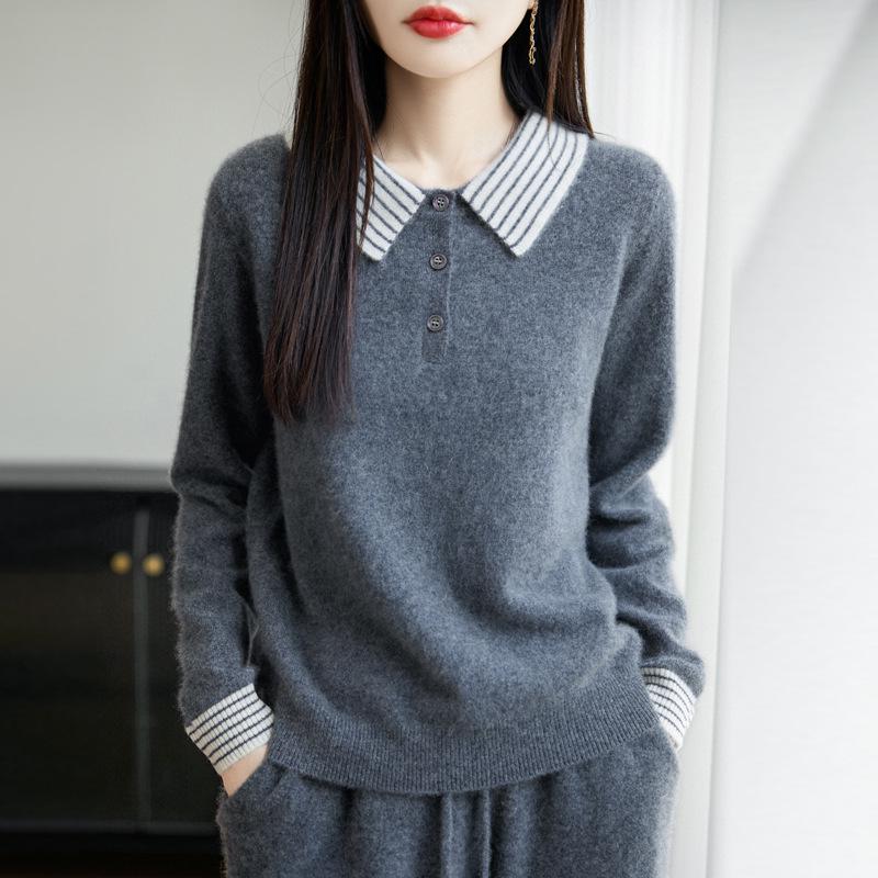 

Women s 100% Wool Colorblock Polo Collar Sweater - Long Sleeve Knitted Pullover for Autumn/Winter 2XL (fits 140-155 jin) сірий колір