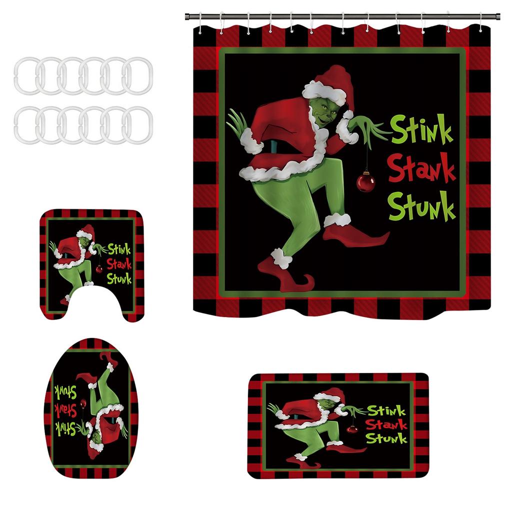 Christmas Waterproof Polyester Shower Curtain Mat Set Of Four