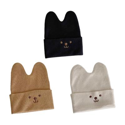 Stylish Solid Color Knitted Hat with Cartoon Embroidery Warm Winter Beanie with Earflaps for Baby Boys & Girls Gift