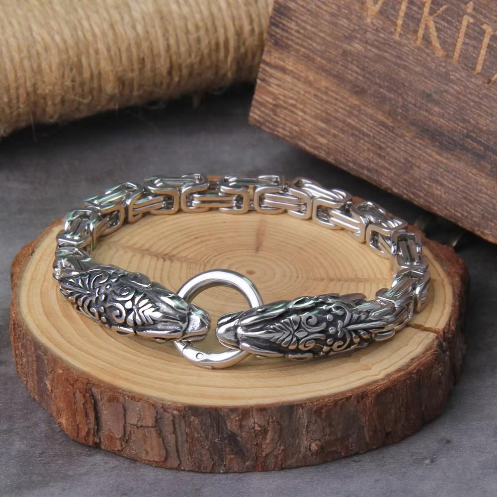 Bracciale con Ciondolo Lupo Vichingo in Acciaio Inossidabile a Maglia Rete, Gioielli Punk Biker da Uomo, Colore Inalterabile