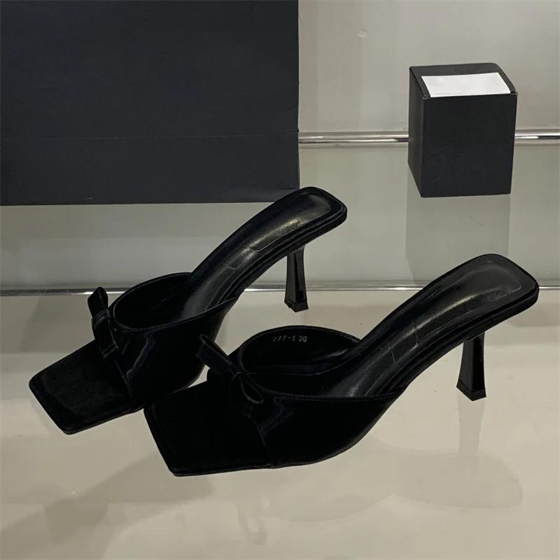 

Eilyken Дизайнерские женские шлепанцы с мелким бантиком, квадратный носок, тонкий каблук, свадебный банкетные слайды, летняя обувь 35 чёрный