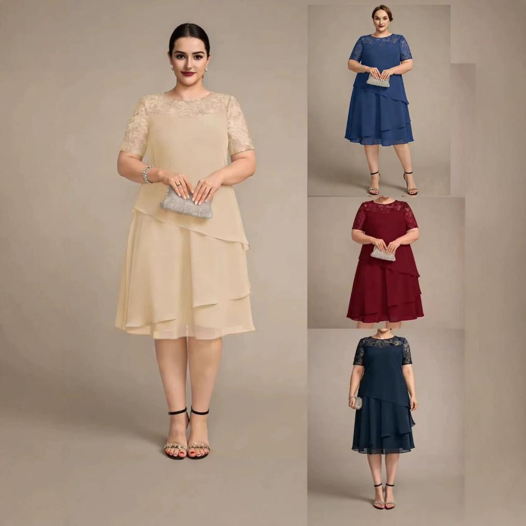 Nuovo Vestito da Donna Taglie Forti in Chiffon con Intarsi in Pizzo Traforato Manica Corta Vestibilità Aderente per il Lavoro e il Tempo Libero