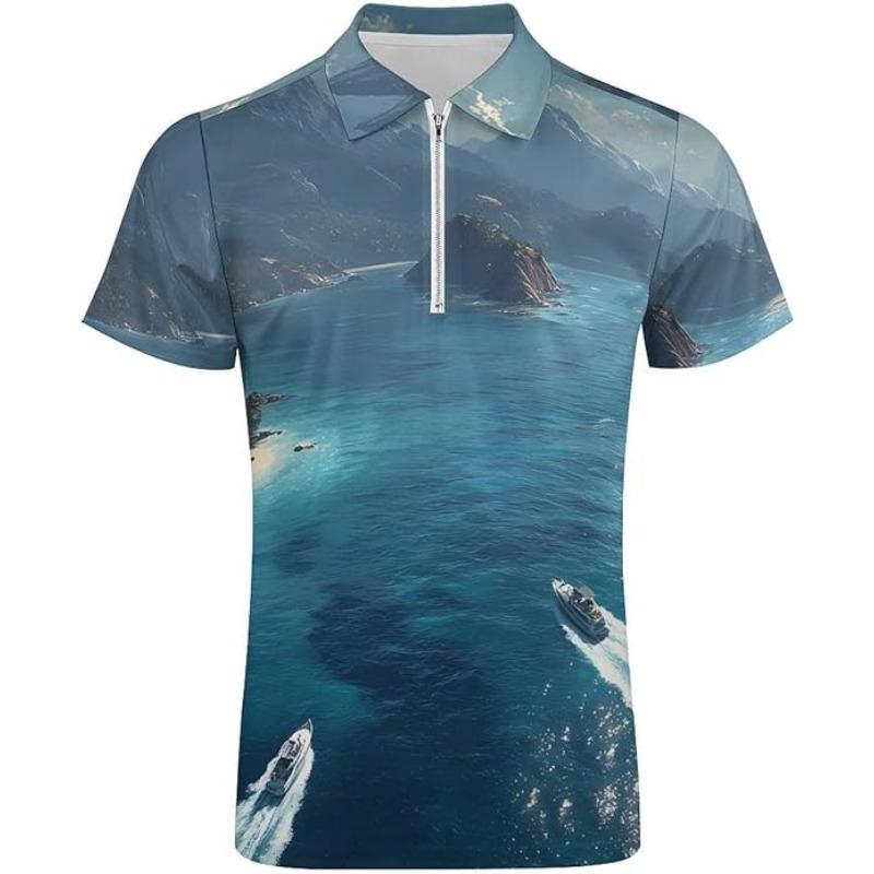 

Yacht Speedboat Islands Mens Zip Up Polo Shirts Casual Short Sleeve Golf Collared Shirt Slim Fit Tee Top 5XL синій